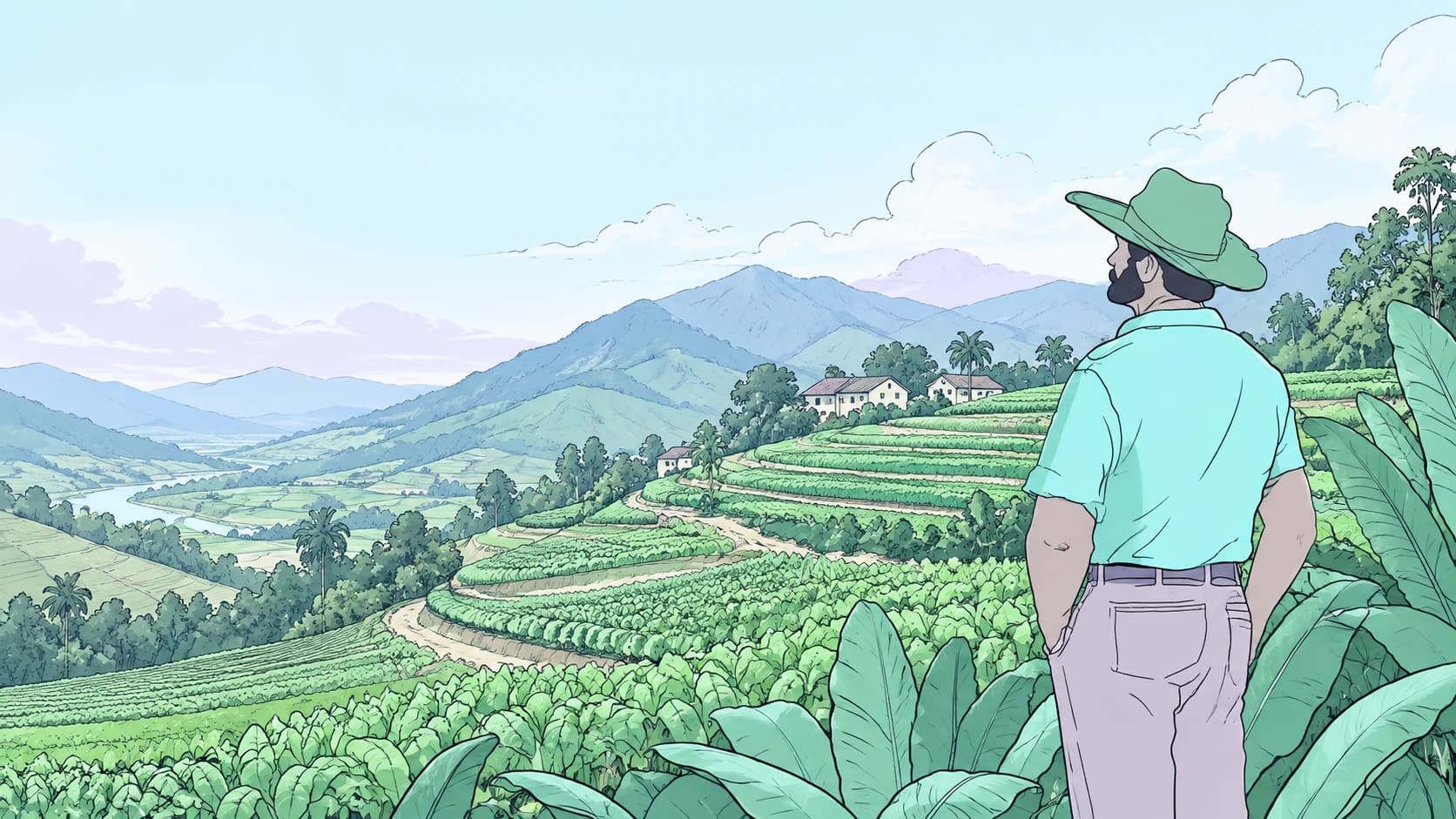 Illustrated farmer overlooking cultivated terraces and a rural landscape