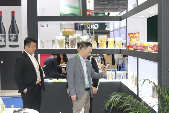 A conversation at the international-product display.