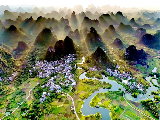 Karst landscape and village fields, Baisha, Yangshuo, 24 July 2023.