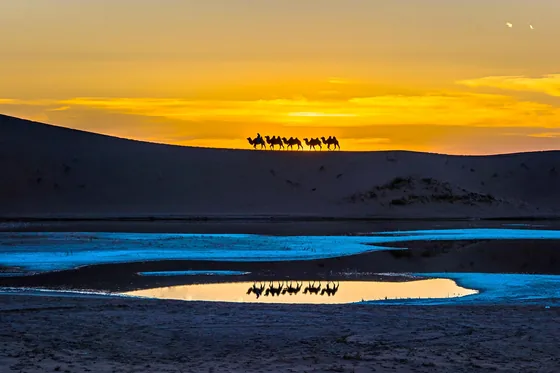 Desert lake at sunset, Badain Jaran, Inner Mongolia, 15 October 2023.