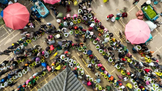 Aerial view of a fresh-tea market, Songyang, 19 March 2022.