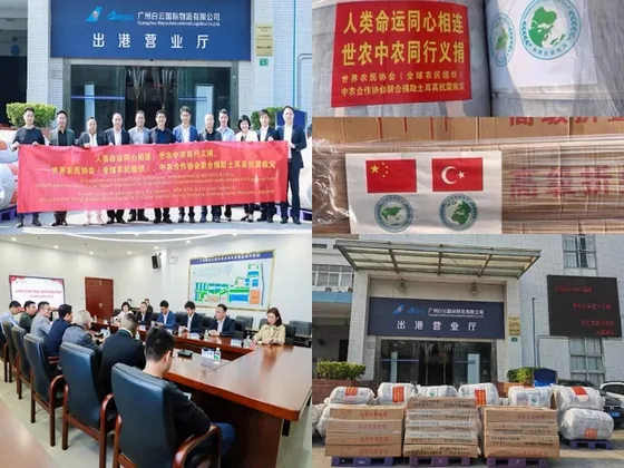 A composite of the departure ceremony, relief packages and coordination meeting at Guangzhou Baiyun Airport.